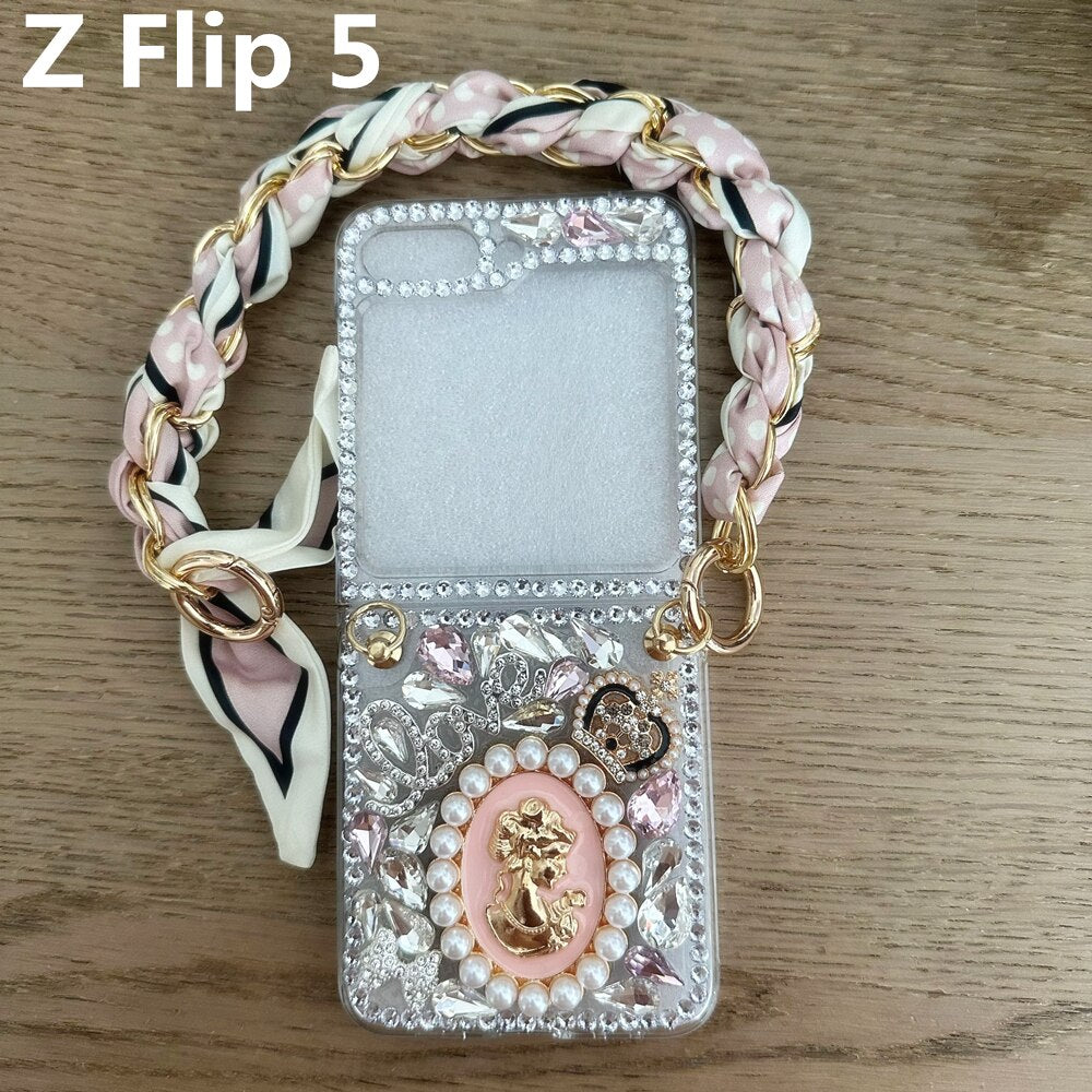 Fashion Bling Diamond Silk Scarf Bracelet Chain Phone case For Samsung Galaxy Z Flip 3