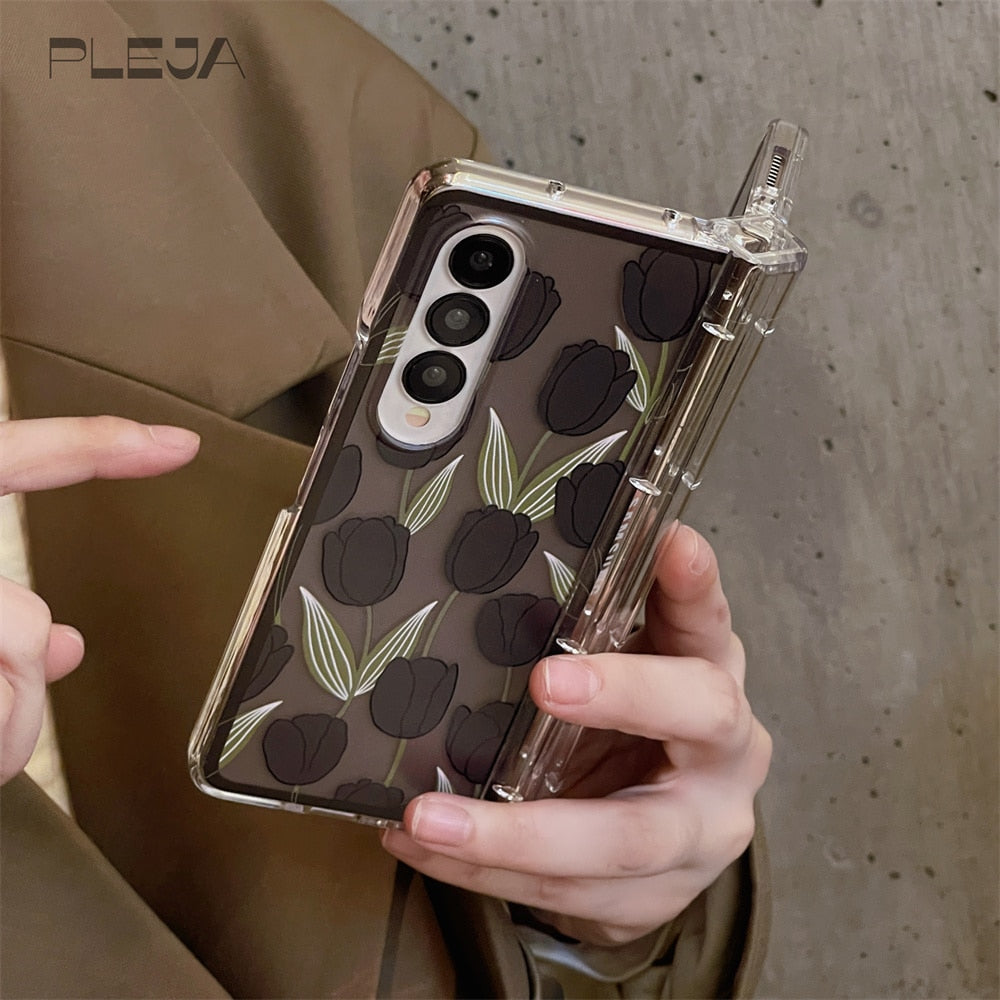 Cute Black Tulip Flower Phone Case For Samsung Galaxy Z Fold
