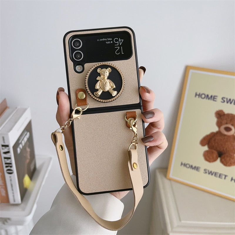 Fashion Leather with Cute Bear Stand For Samsung Galaxy Z Flip 4 Case