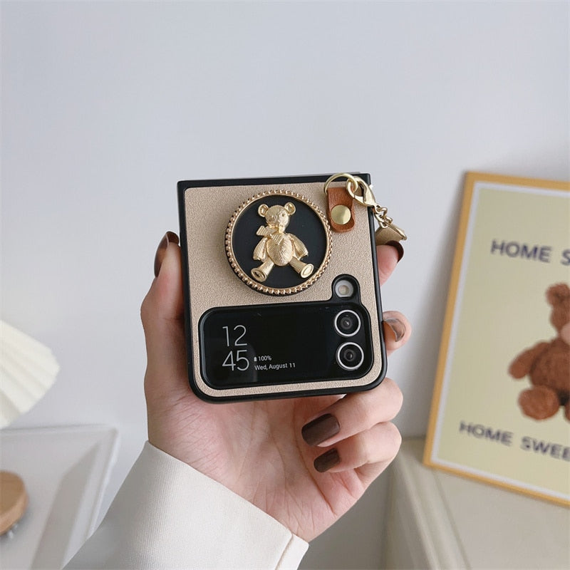 Fashion Leather with Cute Bear Stand For Samsung Galaxy Z Flip 4 Case