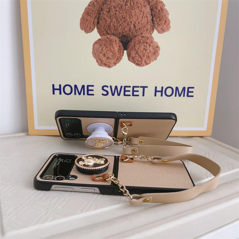 Fashion Leather with Cute Bear Stand For Samsung Galaxy Z Flip 4 Case
