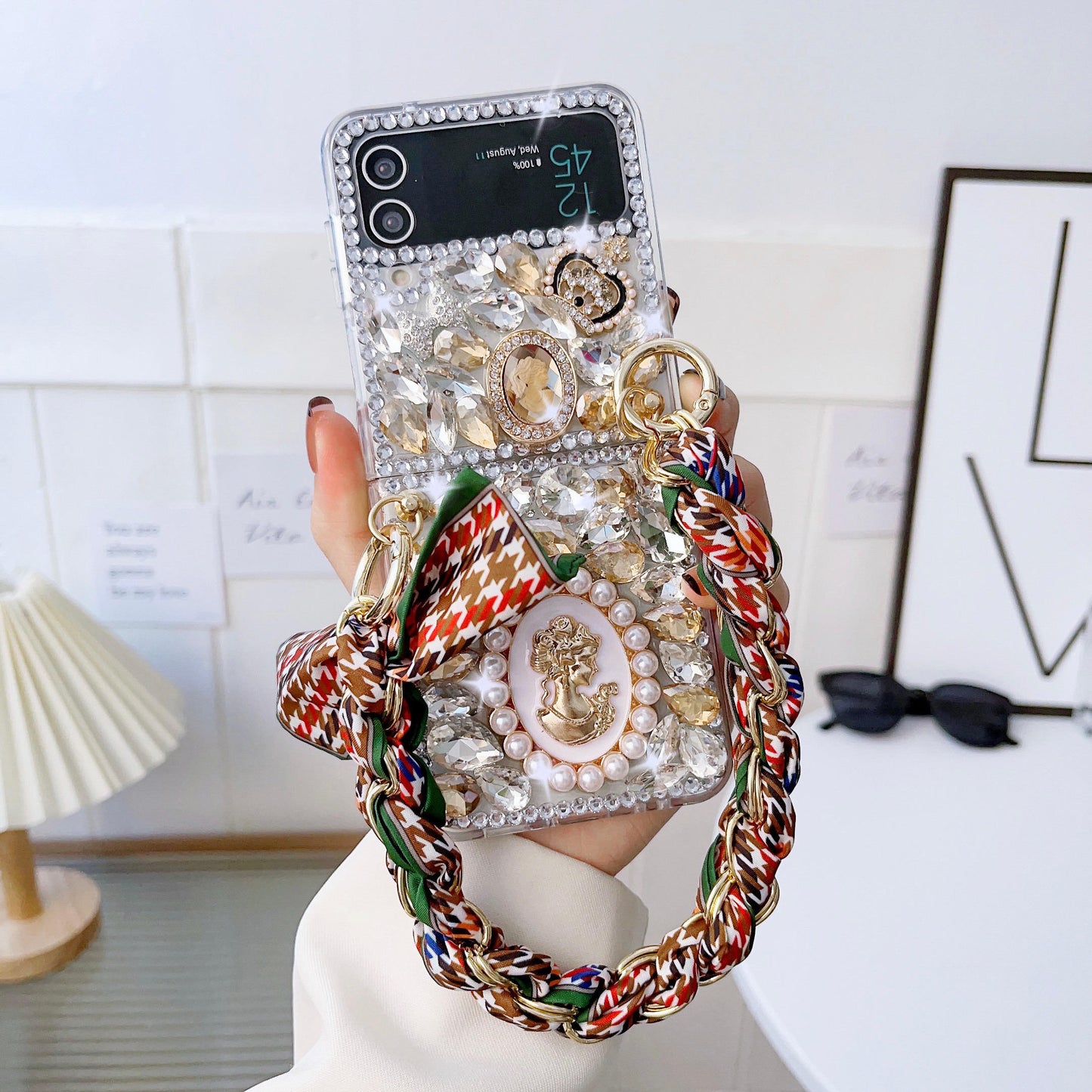 Fashion Bling Diamond Silk Scarf Bracelet Chain Phone case For Samsung Galaxy Z Flip 3