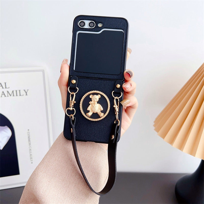Fashion Leather with Cute Bear Stand For Samsung Galaxy Z Flip 4 Case