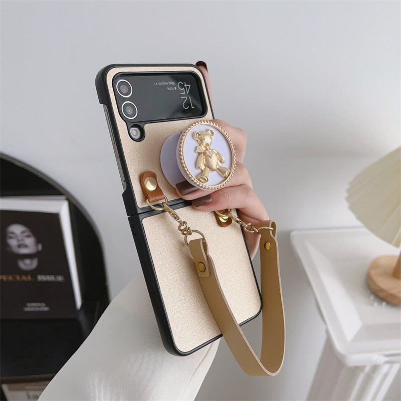 Fashion Leather with Cute Bear Stand For Samsung Galaxy Z Flip 4 Case