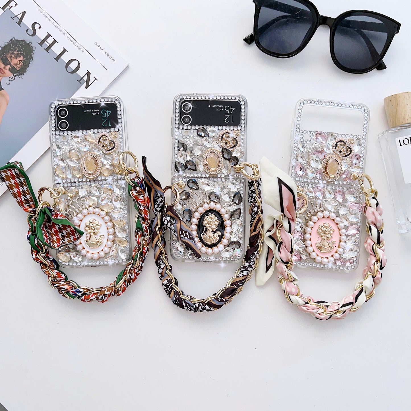 Fashion Bling Diamond Silk Scarf Bracelet Chain Phone case For Samsung Galaxy Z Flip 3