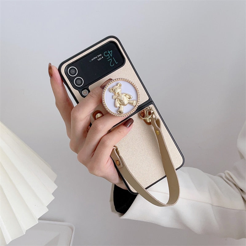 Fashion Leather with Cute Bear Stand For Samsung Galaxy Z Flip 4 Case