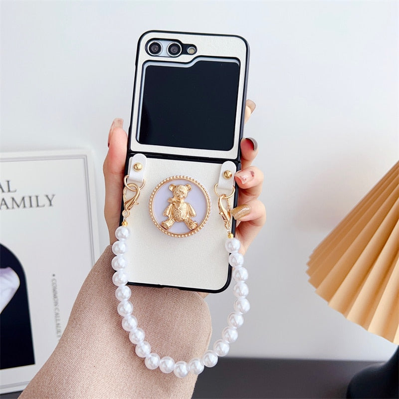 Fashion Leather with Cute Bear Stand For Samsung Galaxy Z Flip 4 Case