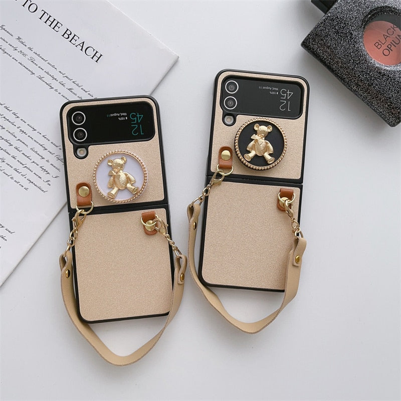 Fashion Leather with Cute Bear Stand For Samsung Galaxy Z Flip 4 Case