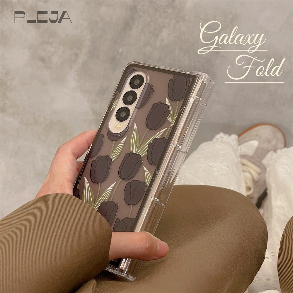 Cute Black Tulip Flower Phone Case For Samsung Galaxy Z Fold