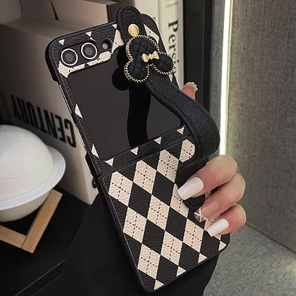 Luxury Leather Cartoon Checkerboard Wrist Strap for Samsung Z Flip Series
