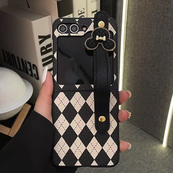 Luxury Leather Cartoon Checkerboard Wrist Strap for Samsung Z Flip Series