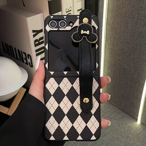 Luxury Leather Cartoon Checkerboard Wrist Strap for Samsung Z Flip Series