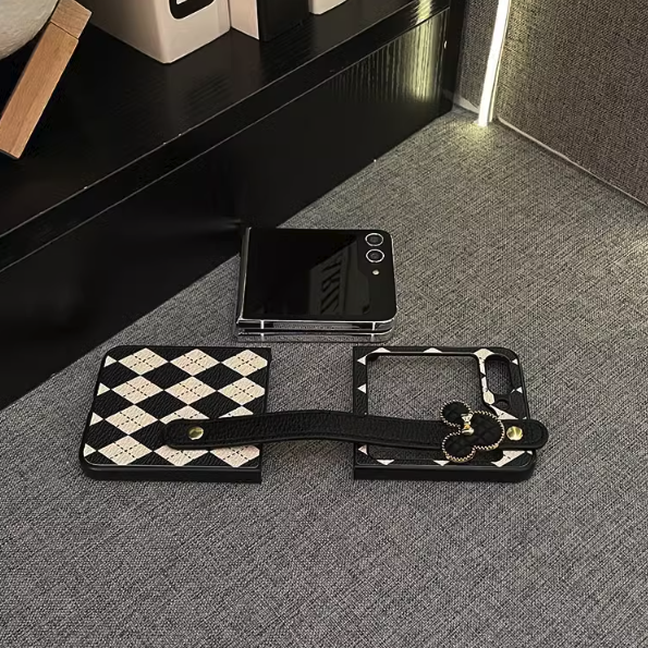 Luxury Leather Cartoon Checkerboard Wrist Strap for Samsung Z Flip Series