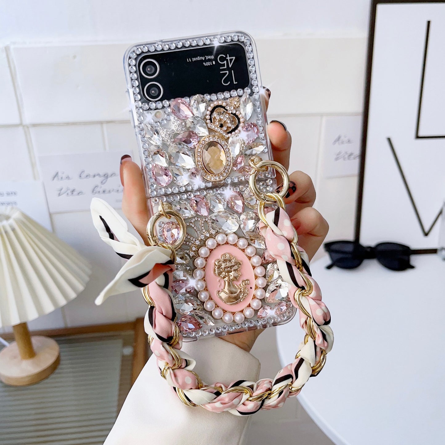 Fashion Bling Diamond Silk Scarf Bracelet Chain Phone case For Samsung Galaxy Z Flip 3