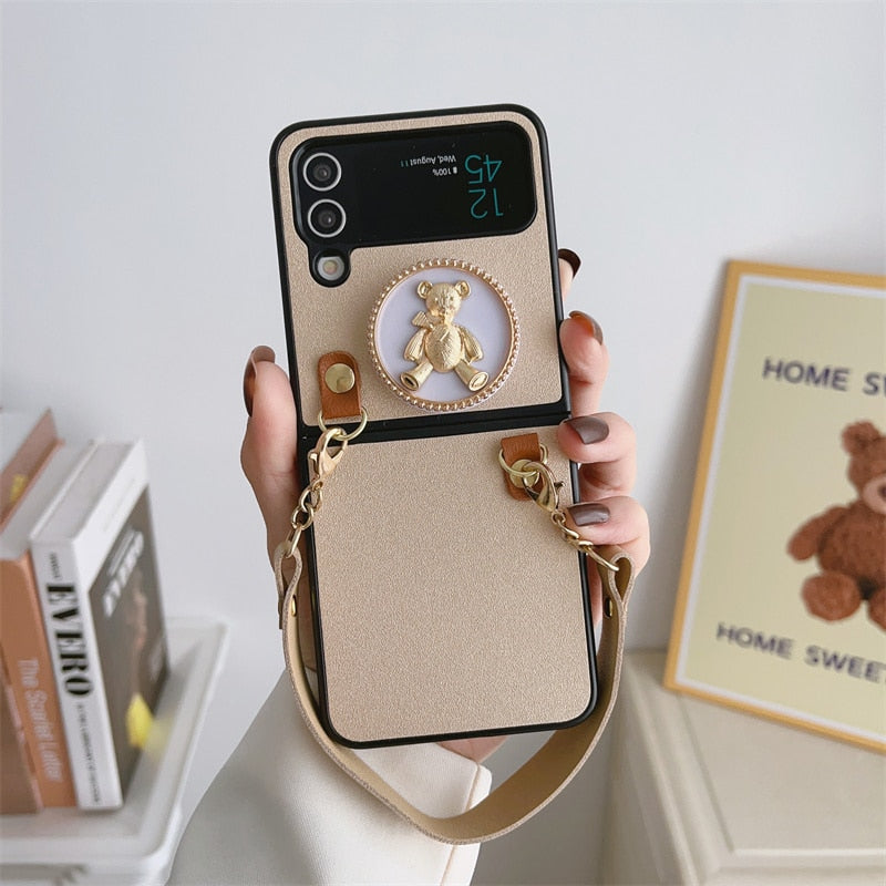 Fashion Leather with Cute Bear Stand For Samsung Galaxy Z Flip 4 Case