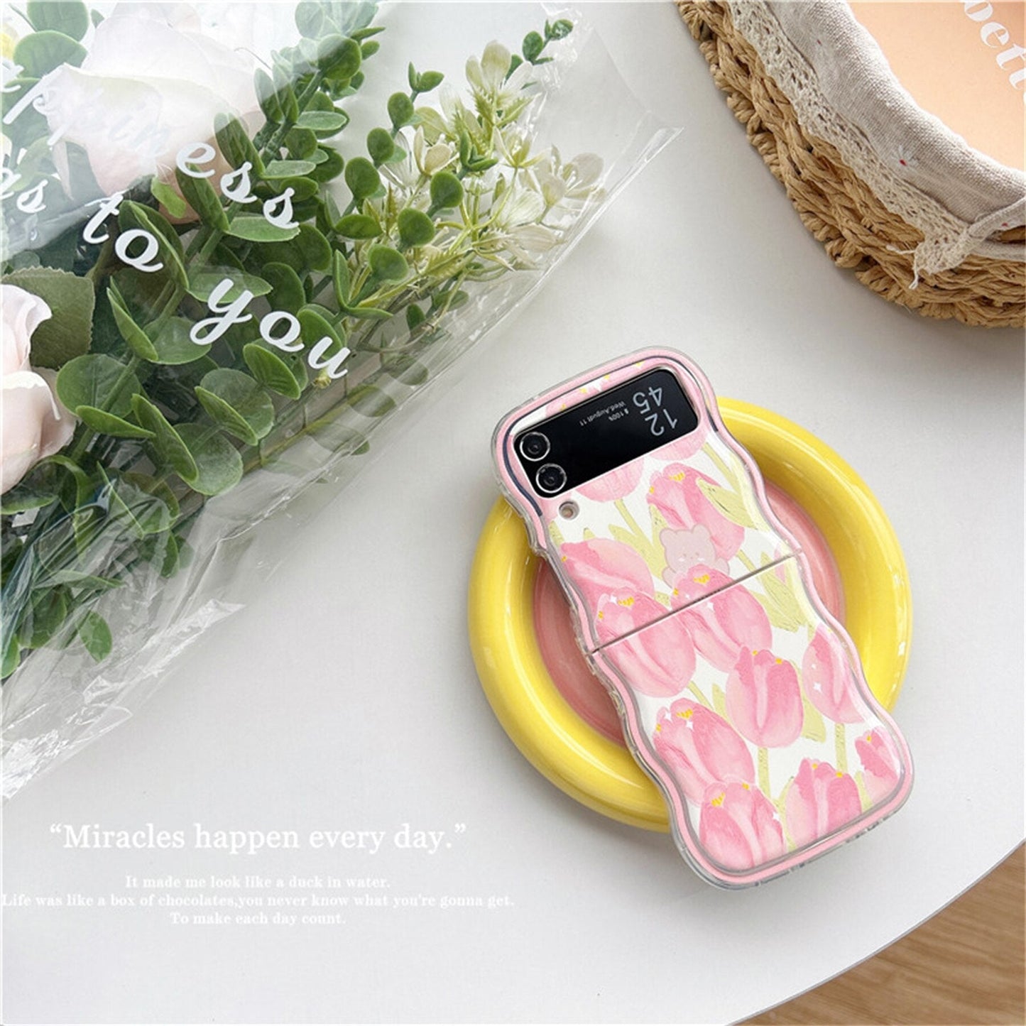 Cute Oil Painting Flower Floral Lattice Wavy Case for Galaxy Z Flip