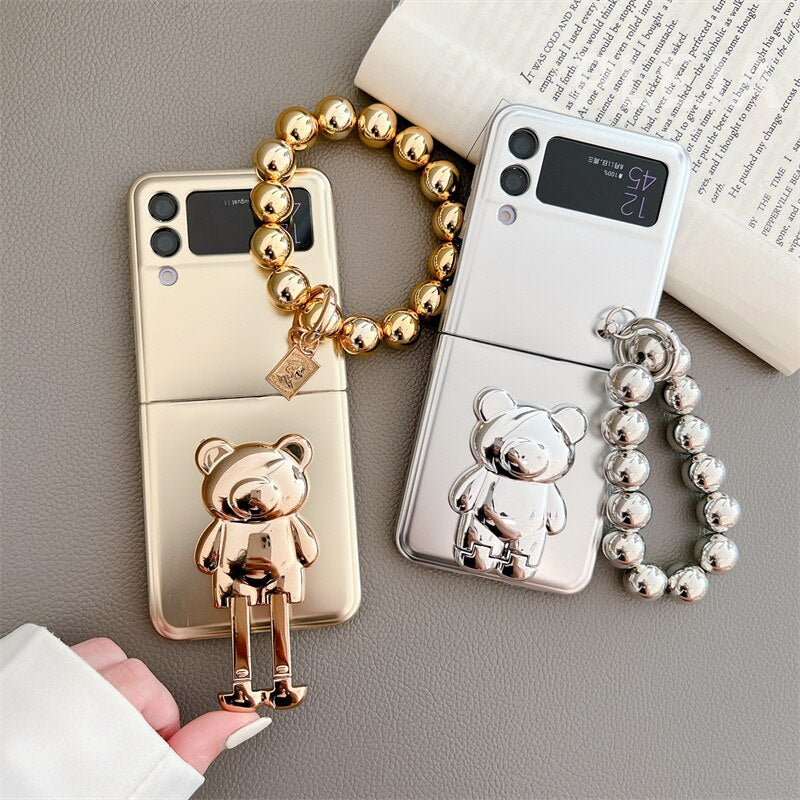 Luxury Plating Silver Cute Bear Stand Phone Case For Samsung Galaxy Z Flip