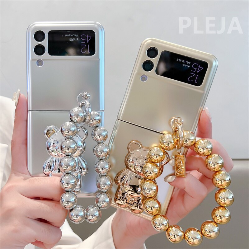 Luxury Plating Silver Cute Bear Stand Phone Case For Samsung Galaxy Z Flip