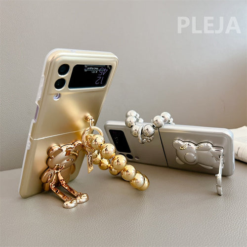 Luxury Plating Silver Cute Bear Stand Phone Case For Samsung Galaxy Z Flip