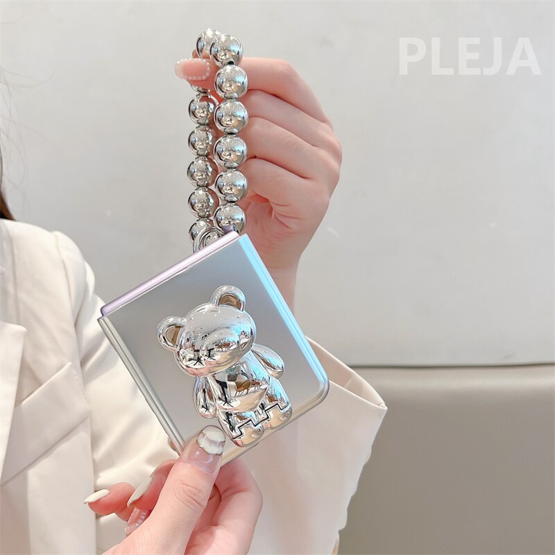 Luxury Plating Silver Cute Bear Stand Phone Case For Samsung Galaxy Z Flip