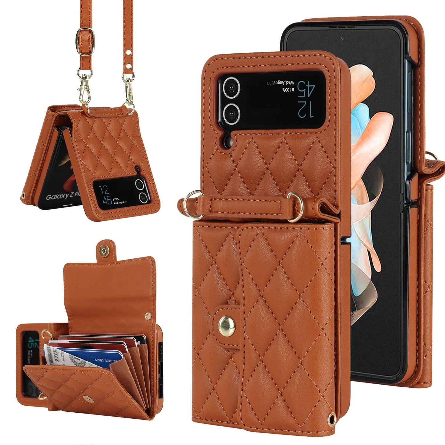 Luxury PU Leather Crossbody Lanyard Holder Magnetic Z Flip 4 & 3 Case