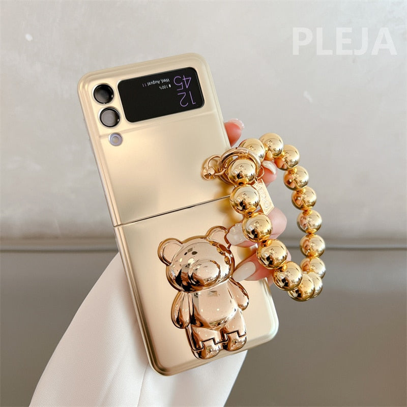 Luxury Plating Silver Cute Bear Stand Phone Case For Samsung Galaxy Z Flip