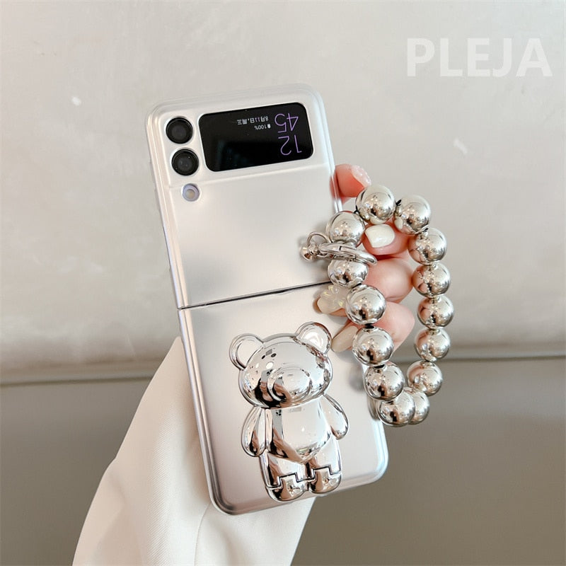 Luxury Plating Silver Cute Bear Stand Phone Case For Samsung Galaxy Z Flip