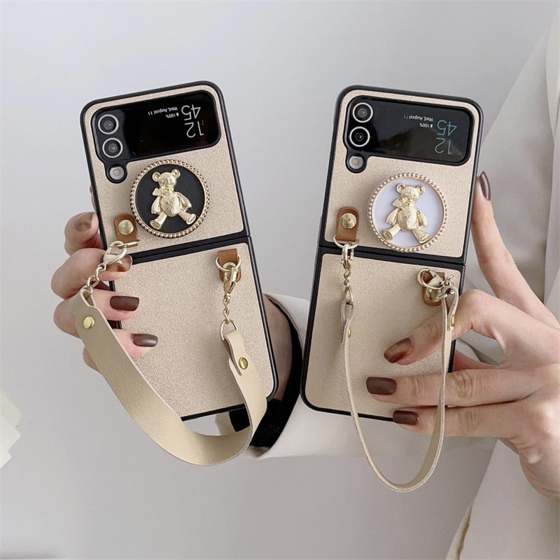 Fashion Leather with Cute Bear Stand For Samsung Galaxy Z Flip 4 Case