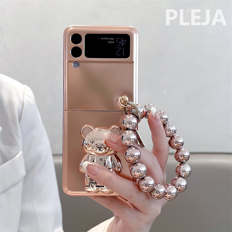 Luxury Plating Silver Cute Bear Stand Phone Case For Samsung Galaxy Z Flip