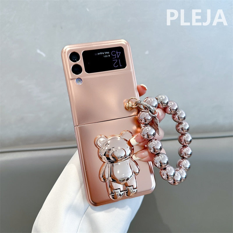 Luxury Plating Silver Cute Bear Stand Phone Case For Samsung Galaxy Z Flip