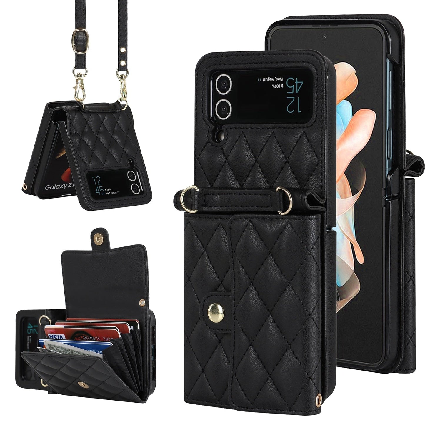 Luxury PU Leather Crossbody Lanyard Holder Magnetic Z Flip 4 & 3 Case
